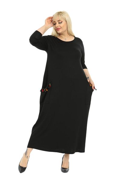HERAXL Women's Long Sleeve Pockets Tasseled Viscose Black Dress