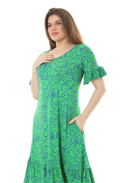 MELSAY Γυναικείο κοντομάνικο φόρεμα με πράσινο σχέδιο λουλουδιών με βολάν και τσέπες