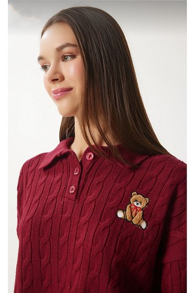 DAMGA Collection Pulover de damă cu model ursuleț de pluș cu gât polo