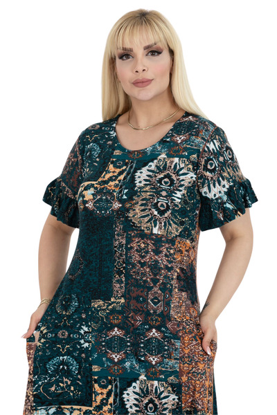 MELSAY Petrol Ethnic Pattern Pocket Ruffle Short Sleeve Women's Midi Dress