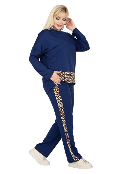 MELSAY Дамски тъмносин комплект анцуг с леопардово райе с детайли