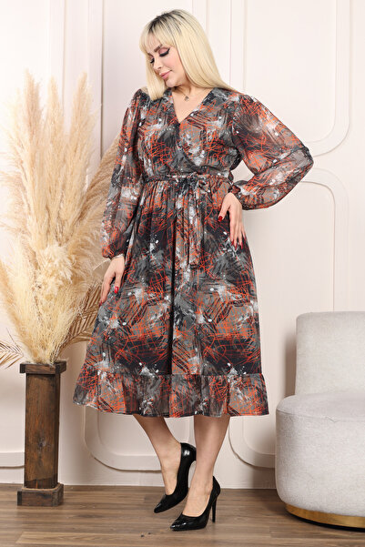 MELSAY Women's Plus Size Patterned Double Breasted Collar Long Sleeve Chiffon Dress