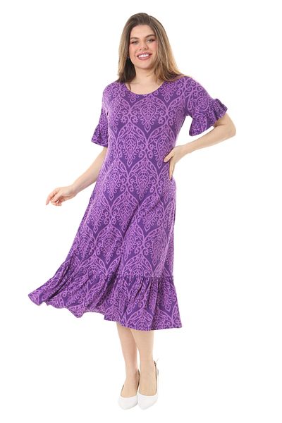 MELSAY Women's Purple Kilim Pattern Short Sleeve Dress with Ruffles and Pockets