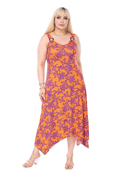 MELSAY Orange Purple Coral Patterned - Women's Dress with Buckle Detail and Straps