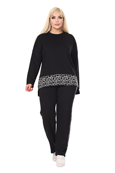 MELSAY Дамски черен спортен екип с кариран десен, ленти и еластична талия, голям размер