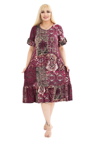 MELSAY Rochie de damă cu model etnic burgundă cu detaliu cu volane pe mâneci și fustă