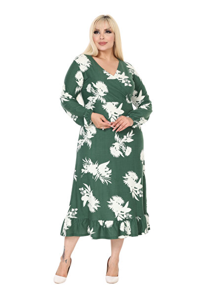 MELSAY Women's Winter Double-Breasted Collar Green Leaf Print Skirt Ruffle Dress
