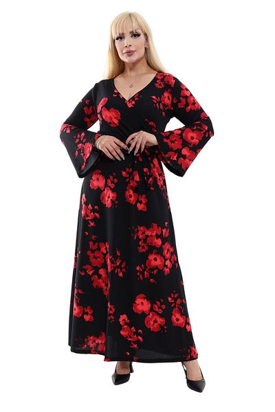 MELSAY Women's Plus Size Crepe Double Breasted Collar Black Poppy Pattern Women's Long Dress