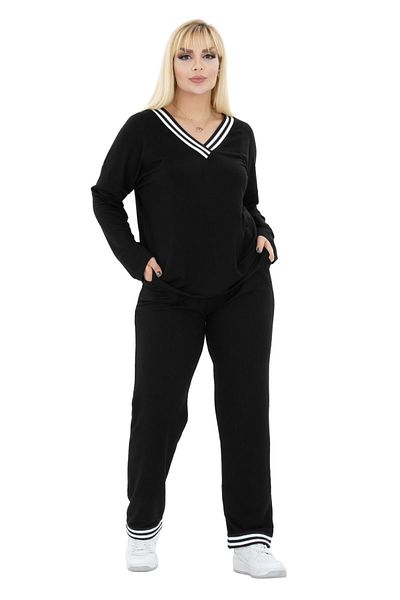 MELSAY Women's Black Plus Size Collar Stripe Detailed Long Sleeve Elastic Waist V-Neck Tracksuit Set