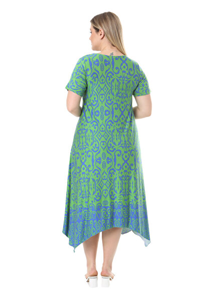 MELSAY Women's Green Patterned Asymmetrical Cut Short Sleeve Dress