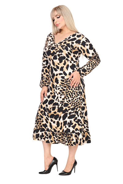 MELSAY Women's Winter Double-Breasted Collar Tiger Pattern Skirt Ruffle Dress