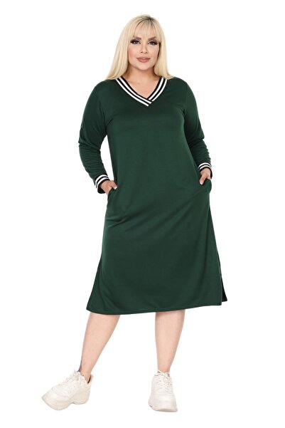 MELSAY Emerald Green V-Neck Striped Women's Sweat Dress