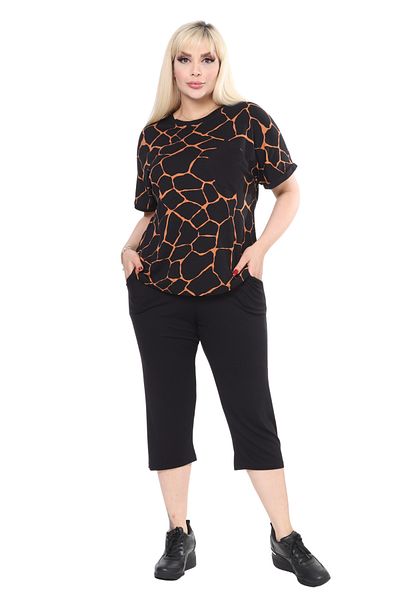MELSAY Women's Large Size Black Stone Pattern Short Sleeve Pocket Capri Suit