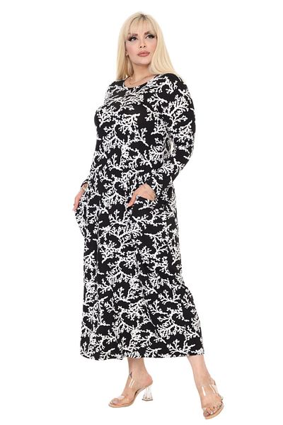 MELSAY White Coral Print - Large Size Women's Dress with Long Sleeves and Pockets