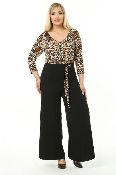 HERAXL Women's Plus Size Double Breasted Collar Leopard Patterned Jumpsuit