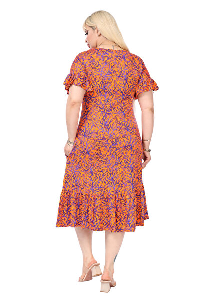 MELSAY Orange Coral Pattern - Women's Plus Size Dress with Ruffled Pockets