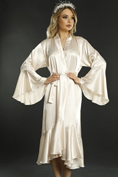 VERENA Cream Color Bride Satin Dressing Gown with Heart Embroidery Bridal Dressing Gown