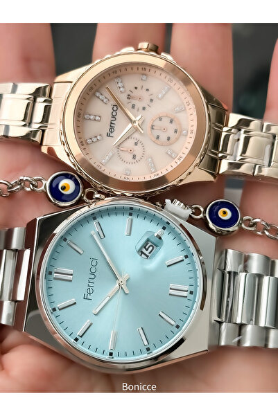 Ferrucci العلامة التجارية الفضة روز اللون الصلب الحبل، حالة زرقاء العشاق زوجين ساعات المعصم + سوار مسبحة