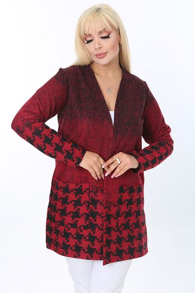 MELSAY بالإضافة إلى حجم سترة حمراء محبوكة نمط Houndstooth التعشيق قصيرة