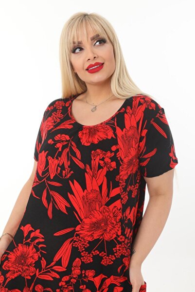 MELSAY Women's Large Size Red Tropical Pattern Standard Fit Viscose Dress 44-52 Size Range