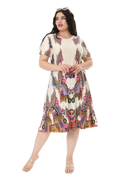 MELSAY Cream Colored Shawl Pattern Short Sleeve Midi Dress - Women's Plus Size
