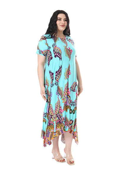 MELSAY Turquoise Shawl Pattern - Short Sleeve Asymmetrical Women's Dress