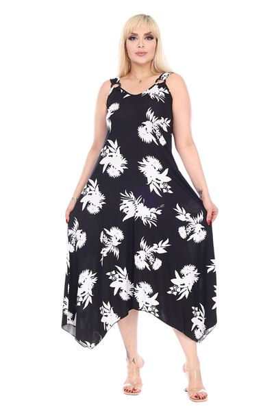 MELSAY Rochie cu bretele pentru femei de mărime mare, cu model de frunze negre, cu cataramă