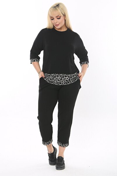 MELSAY Women's Black Checkered Stripe Detail Elastic Waist Large Size Bottom-Top Set