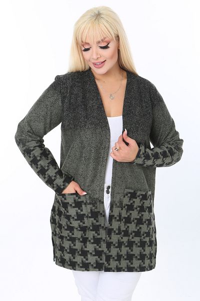 MELSAY Πλεκτή κοντή ζακέτα με μοτίβο χακί Houndstooth Interlock