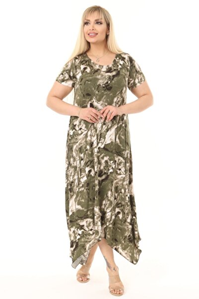 MELSAY Γυναικείο κοντομάνικο φόρεμα με πράσινη γραβάτα με βαφή ασύμμετρο