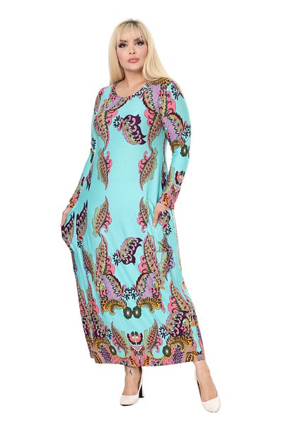 MELSAY Women's Turquoise Shawl Pattern Long Sleeve Pocket Long Dress
