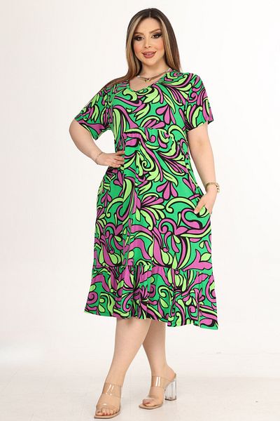 MELSAY Women's Neon Green Jungle Pattern V-neck Short Sleeve Ruffle Robe Dress