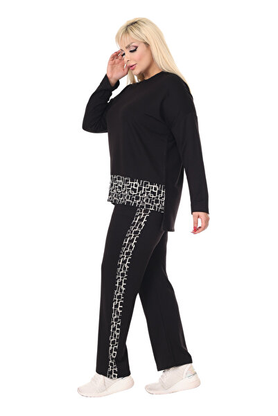 MELSAY Дамски черен спортен екип с кариран десен, ленти и еластична талия, голям размер