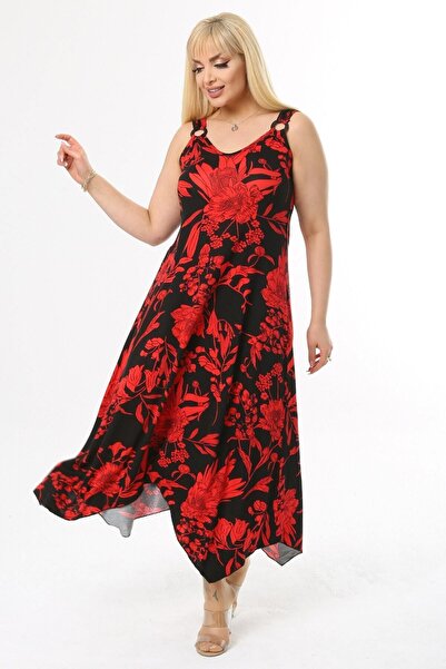 MELSAY Large Size Tropical Patterned Dress with Red Straps