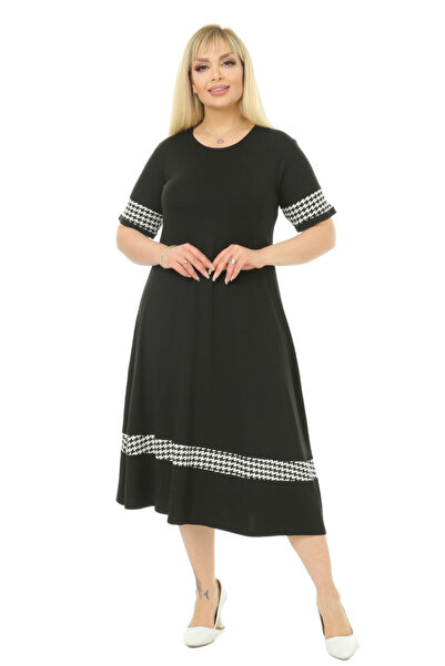 MELSAY Women's Black Short Sleeve Skirt Houndstooth Stripe Detailed Midi Knitted Dress