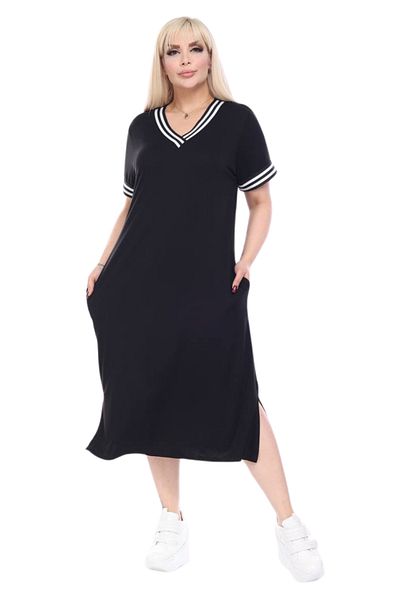 MELSAY Women's Large Size Short Sleeve Black Collar Striped V-Neck Viscose Dress