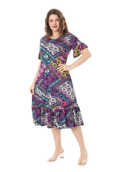 MELSAY Plus Size - Purple Patchwork Patterned Ruffle Pocket Dress