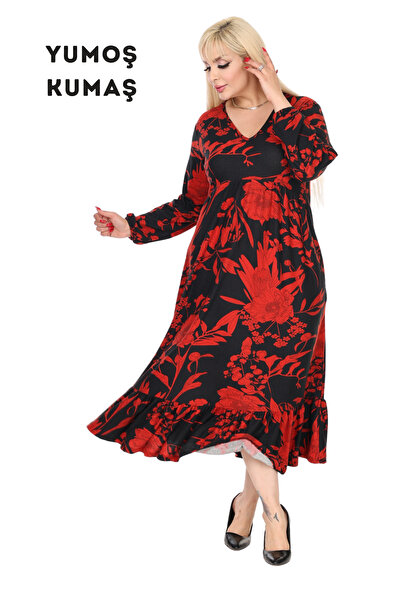 MELSAY Women's Black Winter V Neck Red Leaf Pattern Robe Dress