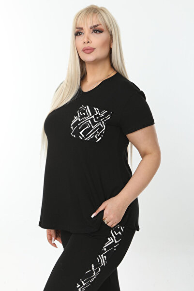 HERAXL Γυναικείο σετ Capri με κοντό μανίκι με λαιμόκοψη σε μαύρο σχέδιο με ριγέ τσέπη