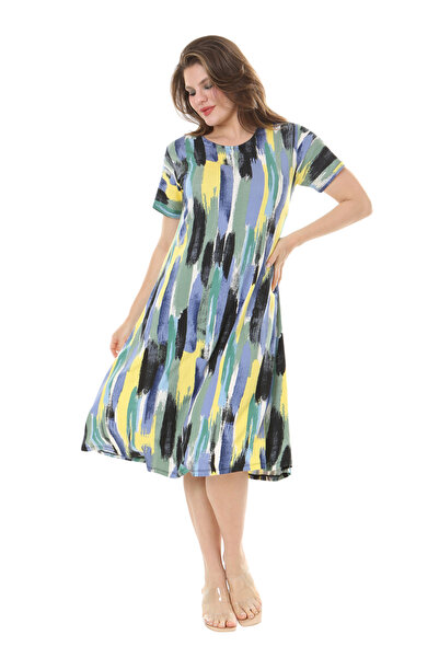 MELSAY Rochie midi de damă, cu mâneci scurte, cu pictură în ulei, cu model