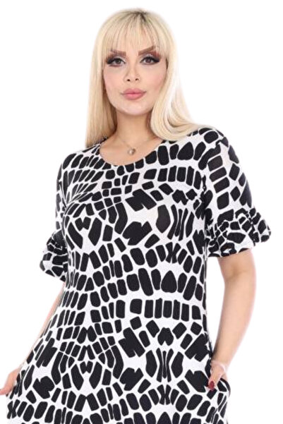 MELSAY Γυναικεία κοντομάνικη ασπρόμαυρη φούστα με βολάν φόρεμα μεγάλου μεγέθους