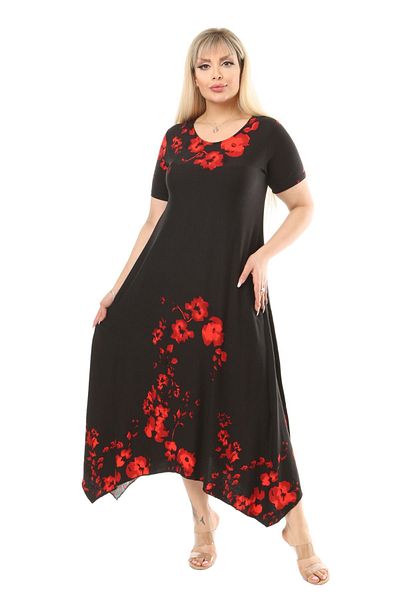 MELSAY Women's Large Size Short Sleeve Red Poppy Pattern Asymmetrical Dress