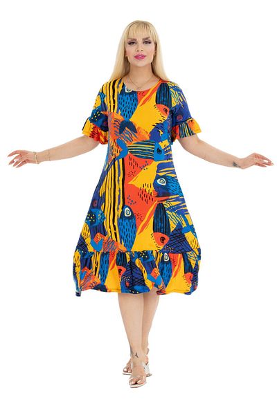 MELSAY Rochie de damă cu model de pește galben, cu detaliu cu volane pe mâneci și fustă