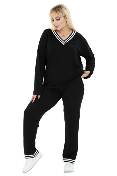 MELSAY Дамски черен анцуг с голям размер яка и райе с дълъг ръкав и еластична талия с V-образно деколте