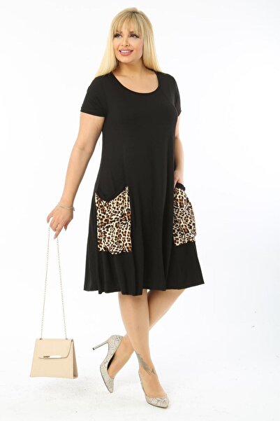 MELSAY Women's Short Sleeve Black Leopard Pattern Balloon Pocket Detailed Dress