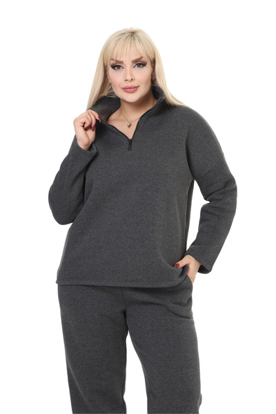 MELSAY Дамски комплект антрацит с три нишки с половин цип и голям размер