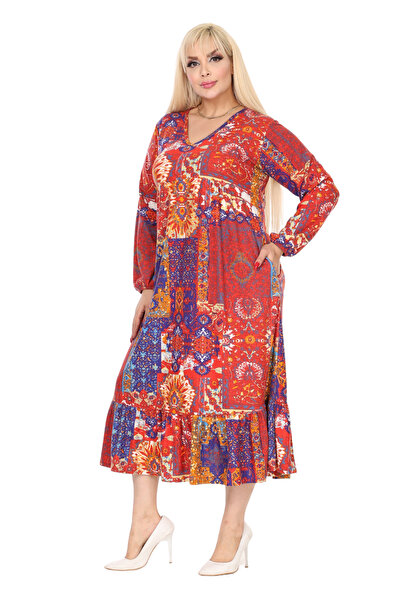 MELSAY Women's Winter Plus Size V Neck Red Ethnic Pattern Robe Dress