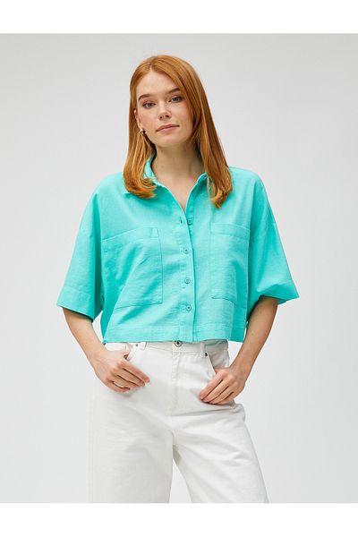 Koton Crop Oversize Shirt Linen Blend with Pockets