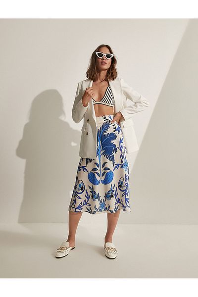 Koton Melis Ağazat X - Linen Blend Patterned Midi Skirt