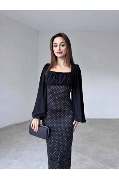 Afiş Butik Rochie midi neagră cu buline